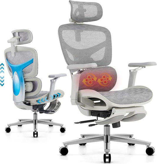 Ergonomic Home Office Desk Chair with Massage Lumbar Support，4D Headrest & 5D Armrests, Reclining Big and Tall 400LBS Mesh Chair with Footrest，Adjustable Back High and Seat Depth(Gray)