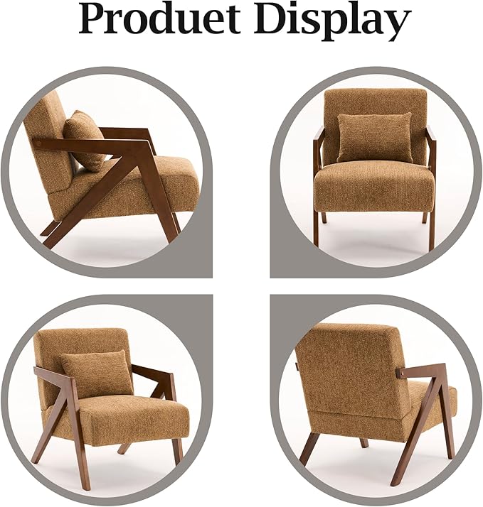 Mid Century Modern Accent Chair with Solid Wood Frame，Upholstered Chenille Living Room Arm Chairs with Pillow for Bedroom, Living Room, Reading Room, Balcony (2, Yellow)