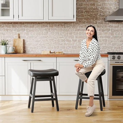 Counter Height Bar Stools Set of 3, 24 Inch Barstools for Kitchen Counter, Kitchen Stools with Bonded Leather Saddle Seats & Heavy Duty Metal Legs, Easy Assembly, Gray/White