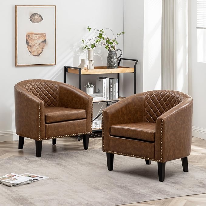 KINWELL 29" W Faux Leather Barrel Chairs Set of 2, Modern PU Upholstered Tufted Club Chairs with Nailhead Trim, Small Armchairs Accent Chairs for Living Room Bedroom Apartment Lounge Nursery, Coffee
