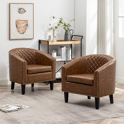 KINWELL 29" W Faux Leather Barrel Chairs Set of 2, Modern PU Upholstered Tufted Club Chairs with Nailhead Trim, Small Armchairs Accent Chairs for Living Room Bedroom Apartment Lounge Nursery, Coffee