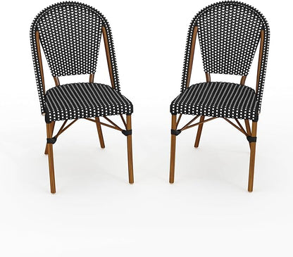 Martha Stewart Lily Pond Indoor-Outdoor Stackable Bistro Chairs with Natural Woodgrain Aluminum Frame Finish, Black/White Woven Rattan Backrests/Seats, Set of 2