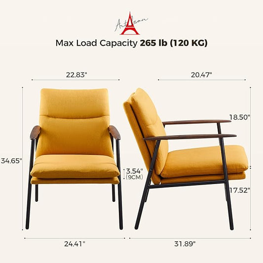 Art Leon Mid Century Modern Accent Chair-Fabric Relaxing Armchair with Metal Frame Upholstered Lounge Chair, Ergonomic Reading Chair for Lounge, Living Room, Reading Room, Bedroom,Yellow