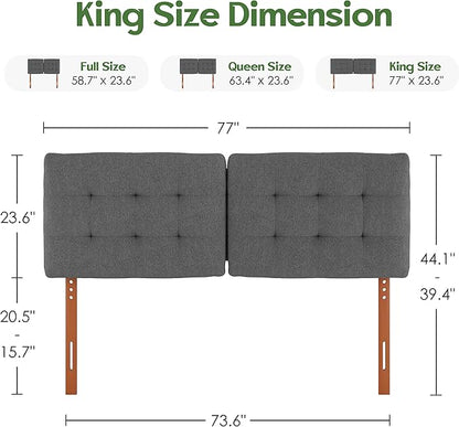 Tufted Upholstered King Headboard, Adjustable Height King Size Headboard Only from 39”to 44” with Durable Solid Wood Legs, Modern Button Diamond Fabric Head Board with Width Adapters, Grey