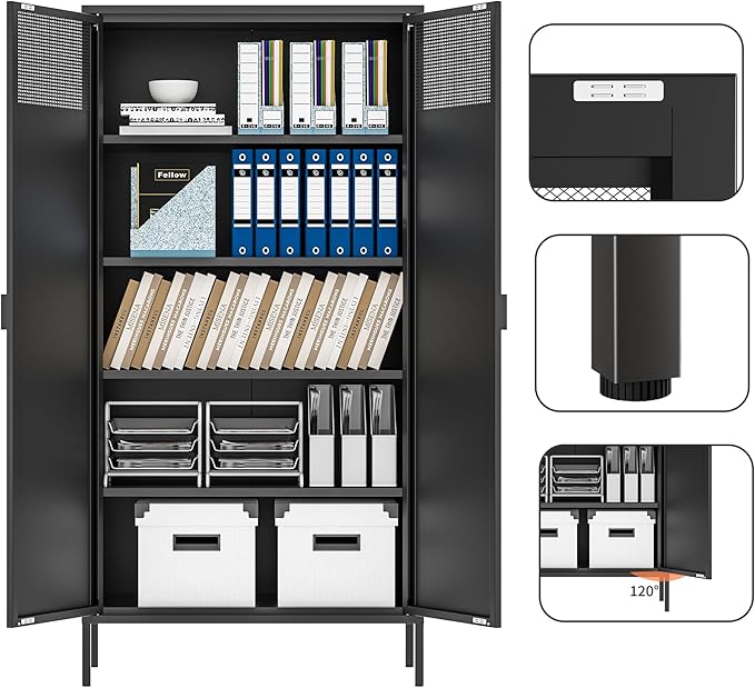 Metal Storage Cabinets with 4 Adjustable Shelves，Black Metal File Cabinet, 71'' Steel Storage for Home & Office, School,Kitchen Pantry,Tool Cabinet，Garage, Black