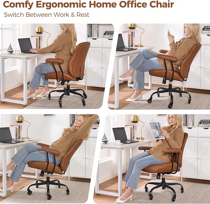 BEWISHOME Ergonomic Home Office Chair, Mid-Century Modern Brown Leather Desk Chair with Robber Casters Lumbar Support Adjustable Height Rolling Swivel Chair Executive Task Armrests BBY01Z