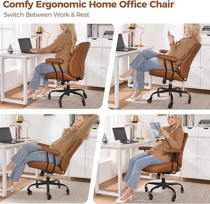 BEWISHOME Ergonomic Home Office Chair, Mid-Century Modern Brown Leather Desk Chair with Robber Casters Lumbar Support Adjustable Height Rolling Swivel Chair Executive Task Armrests BBY01Z