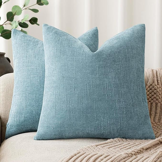 Foindtower Pack of 2 Textured Chenille Throw Decorative Pillow Covers Square Accent Solid Cushion Cover Neutral Farmhouse Pillow Case for Couch Sofa Bedroom Living Room 16x16 Inch,Light Blue