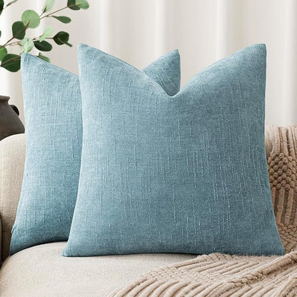 Foindtower Pack of 2 Textured Chenille Throw Decorative Pillow Covers Square Accent Solid Cushion Cover Neutral Farmhouse Pillow Case for Couch Sofa Bedroom Living Room 24x24 Inch,Light Blue