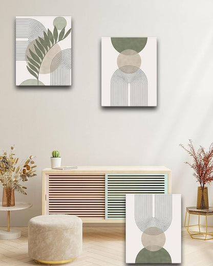 30x40CM Sage Green Boho Wall Art,Framed Canvas Bathroom Wall Art Pictures, Mid-Century Modern Wood Framed Abstract Prints for Bedroom,Minimalist Office Wall Decor 3Pack
