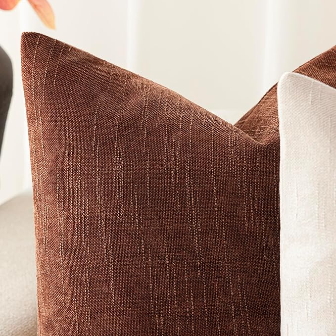 Foindtower Pack of 2 Soft Textured Chenille Throw Decorative Pillow Covers Square Accent Solid Cushion Cover Cozy Neutral Farmhouse Pillow Case for Couch Sofa Bedroom Living Room 22x22 Inch,Red Taupe