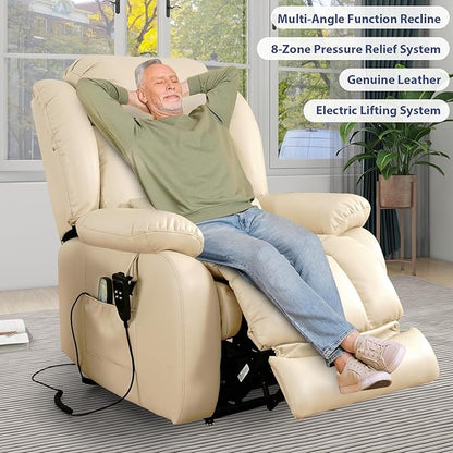 MAEVIS Large Genuine Leather Power Lift Recliner Chair, Dual Motor Recliner for Elderly,Extended Footrest and Lumbar Pillow for Tall Man,with Heat and Massage, USB and Type-C Ports(Beige)