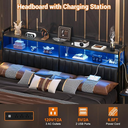 Aheaplus Headboard for King Size Bed Frame, Upholstered Headboards with Outlets, USB Ports and LED Light, Leather Head Board with Storage, Height Adjustable, Comfortable Headboard, King Size, Black