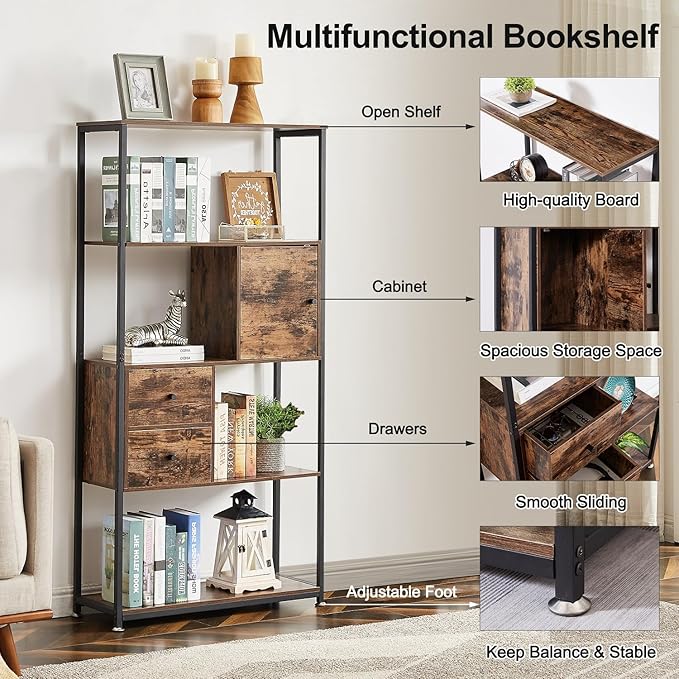 VECELO 5-Tier Bookshelf with 2 Storage Drawers & 1 Cabinet,Industrial Display Standing Shelf, Metal Frame Wood Storage Shelf,Open Bookcases for Living Room, Bedroom, Home,Office