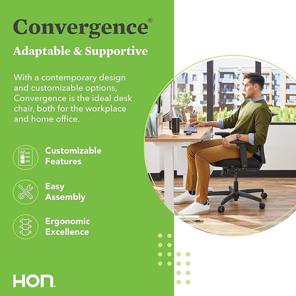 HON Convergence Ergonomic Office Chair, Breathable Back Support Mesh, Adjustable Arms, Computer Chair with Lumbar Support, Rolling Swivel Wheels, Comfortable Synchro-Tilt Recline, Fabric, Black