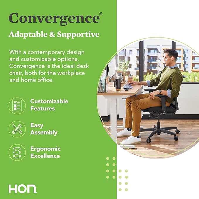 HON Convergence Ergonomic Office Chair, Breathable Back Support Mesh, Adjustable Arms, Computer Seating with Lumbar Support, Swivel Wheels, Synchro-Tilt Recline, Vinyl, Black