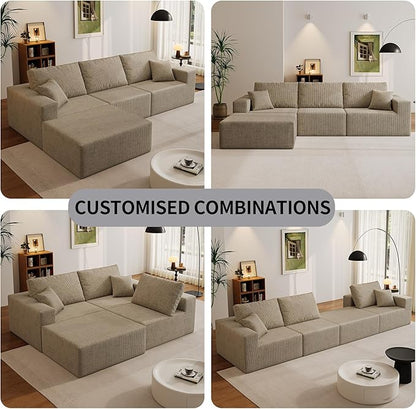 110" Boneless Cloud Sectional Couch for Living Room, Compressed Modular L-Shaped Sofa with Deep Seat, Frameless Corduroy Couch in Boxes, No Assembly Required 3-Seater (Left-Facing Chaise, Grey)