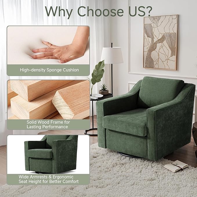 UIXE Swivel Accent Chair, Chenille Fabric Upholstered Arm Chair for Living Room, Modern Club Armchair Comfy Single Sofa Bedroom Reading Seat with Lumbar Pillow - Green