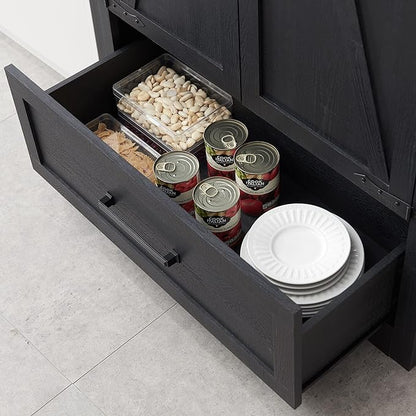 Farmhouse Kitchen Pantry Cabinet - 72" Tall Large Wood Kitchen Storage Cabinets with Adjustable Shelves & 2 Barn Doors & Drawer, Versatile Storage for Dining Room, Bathroom, Living Room, Antique Black