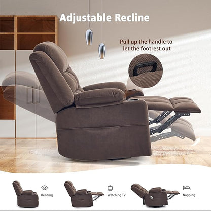 Swivel Rocker Recliner Chair for Adults with Massage and Heat, Cup Holders and Side Pockets, Glider Rocking Reclining Single Sofa Chair for Living Room (Cocoa)