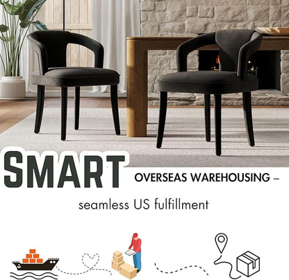 Black Velvet Dining Chairs Set of 2, Modern Upholstered Accent Chairs with Curved Back & Arms, Comfy Large Fully Upholstered Side Chair for Living Room