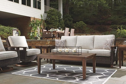 Signature Design by Ashley Paradise Trail Outdoor Patio Sofa with Cushion and 2 Throw Pillows, Cleanable Performance Fabric, Resin Wicker, Brown & Beige