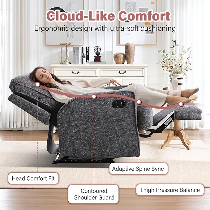 INZOY Manual Recliner with Thicker Backrest, Soft Fabric Manual Recliner with Overstuffed Cushion, Heavy Duty Reclining Sofa for Living Room Bedroom Apartment, Grey