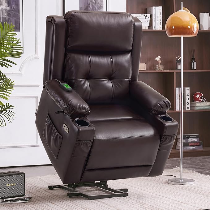 MCombo Large Triple Motor Power Lift Recliner Chair with Massage and Heat for Elderly People, Adjustable Headrest, Infinite Position, USB Ports, Faux Leather 7662 (Dark Brown, Large)
