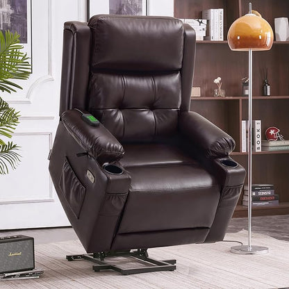MCombo Large Triple Motor Power Lift Recliner Chair with Massage and Heat for Elderly People, Adjustable Headrest, Infinite Position, USB Ports, Faux Leather 7662 (Dark Brown, Large)