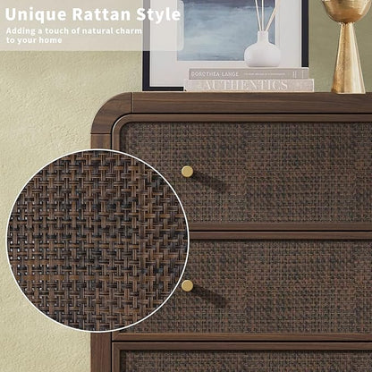 Oak&Sparrow 5 Drawer Tall Dresser for Bedroom, 47'' Rattan Dresser with Ample Storage, Boho Chest of Drawers, Thickened Curved Profile Design, Dark Walnut Dressers for Bedroom, Living Room