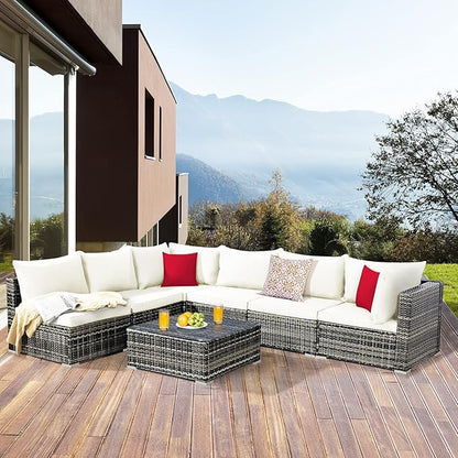 Tangkula 7 Pieces Patio Rattan Furniture Set, Patiojoy Outdoor Conversation Set with Cushions and Tempered Glass Coffee Table, All-Weather Sectional Sofa Set for Garden, Lawn, Backyard (White)