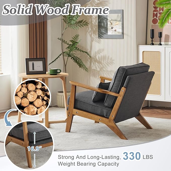 VINGLI Solid Wood Wide Armrests Accent Chair,Upholstered Mid Century Modern Chair with Pillow,Comfy Reading Chair Farmhouse Arm Chair,Chairs Living Room,Bedroom,Guest Room,Linen Fabric,Dark Grey