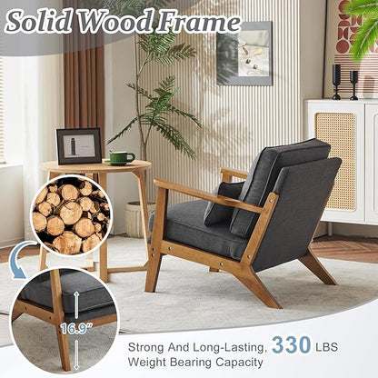 VINGLI Solid Wood Wide Armrests Accent Chair,Upholstered Mid Century Modern Chair with Pillow,Comfy Reading Chair Farmhouse Arm Chair,Chairs Living Room,Bedroom,Guest Room,Linen Fabric,Dark Grey
