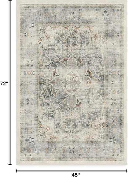 RUGGABLE Washable Vintage Area Rug – Sarrah Sage 4x6, Stain-Resistant, Non-Slip – Medium Machine Washable Rugs for Living Room, Bedroom, Hallway, Entryway & Office–with Cushioned Pad