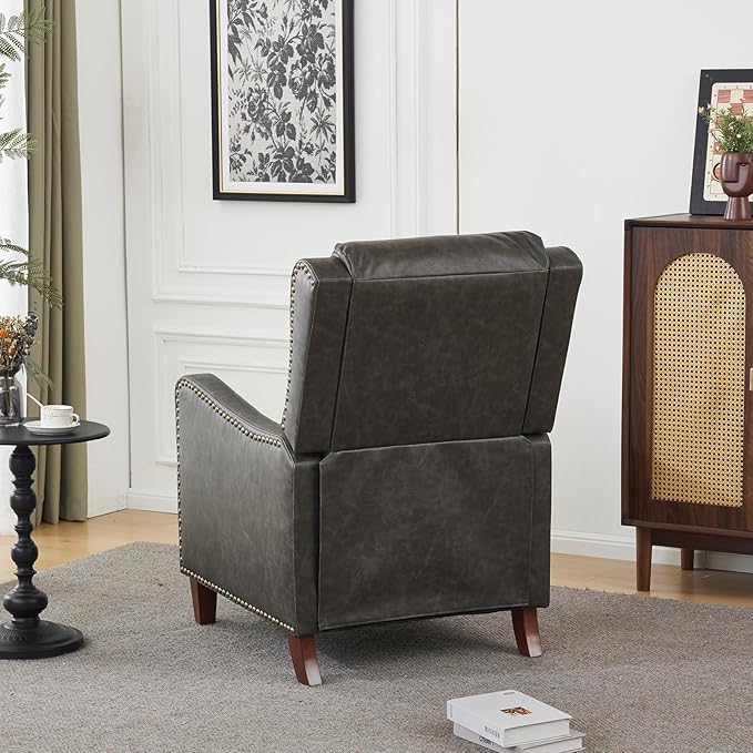 Pushback Recliner Chair, PU Leather Push Back Armchair, Upholstered Recliner Chair 105-135 Degree Adjustable, Retro Accent Chair for Living Room Bedroom - Gray