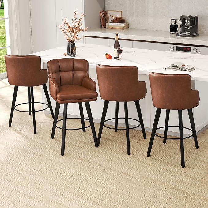 360°Swivel Counter Height Bar Stools with Back, 30 inch Solid Wood Legs, Bar Stool Modern Kitchen Island Chairs, Faux Leather (Brown- Faux Leather, 30" H- Set of 3)