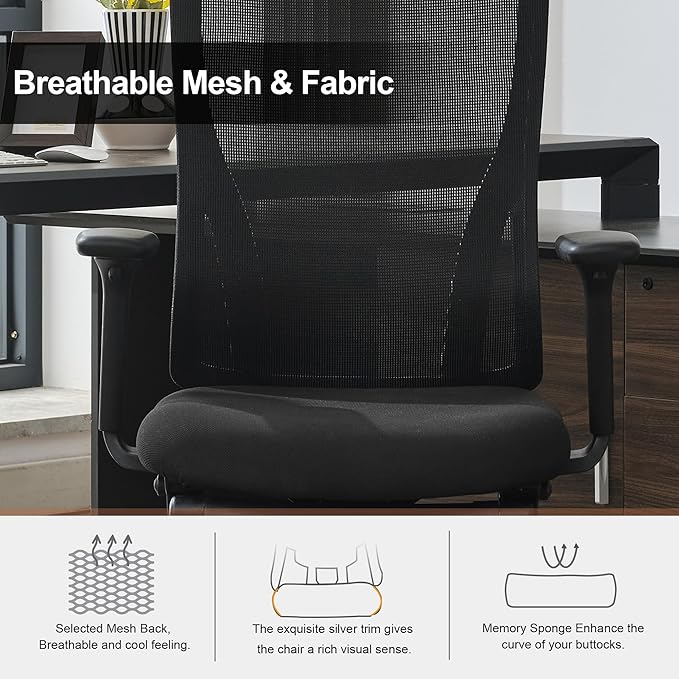 Okeysen High Back Ergonomic Mesh Office Chair, Adjustable Swivel Computer Desk Chair with Padded Seat, Armrests, and S-Shaped Lumbar Support for Home Office