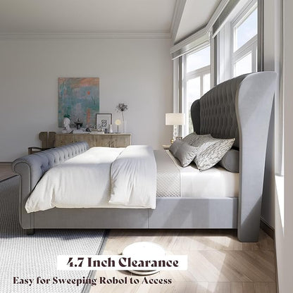 AMERLIFE California King Size Platform Bed Frame, Velvet Upholstered Sleigh Bed with Scroll Wingback Headboard & Footboard/Button Tufted/No Box Spring Required/Grey