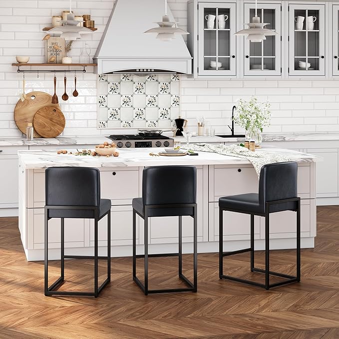 ALPHA HOME 24 Inch Bar Stools Set of 2, Kitchen Counter Stools with Backs, PU Leather Barstools, Kitchen Stools with Back&Upholstered Footrest, Sturdy Chromed Metal Steel Frame, Midnight Blue