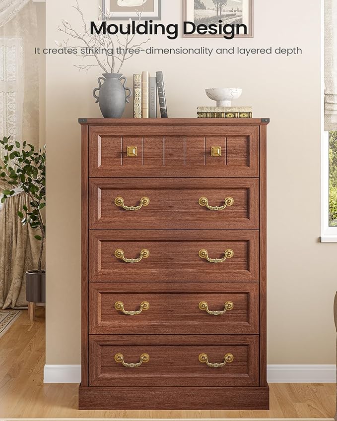 AOGLLATI Farmhouse 5 Drawers Dresser for Bedroom, 48” Tall Wood Rustic Chest of Drawers with Natural Texture, Vintage Design, Black Storage Dresser for Bedroom,Oak Brown