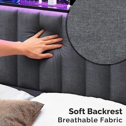 VINGLI King Size Headboard Only, Adjustable Upholstered Headboard with 3 Tier Shelves and Pegboard with Charging Stations and LED Lights, Modern Bed Headboard with Storage for Bedroom Decor