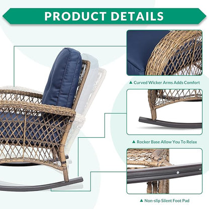 VIVIJASON 4-Piece Outdoor Patio Wicker Conversation Sets, All Weather Outdoor Rattan Furniture Set Includes Glider Loveseat, Coffee Table, 2 Rocking Chairs with Cushions for Backyard, Navy Blue