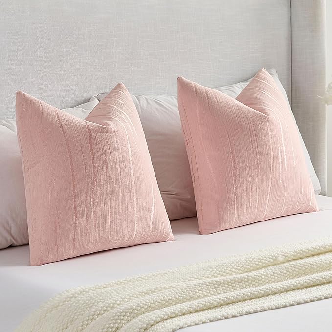 FUTEI Pink Chenille Decorative Throw Pillow Covers 18x18 Inch Set of 2,Soft Embossed Striped Textured Cushion Case,Modern Home Decor for Couch Bed Living Room