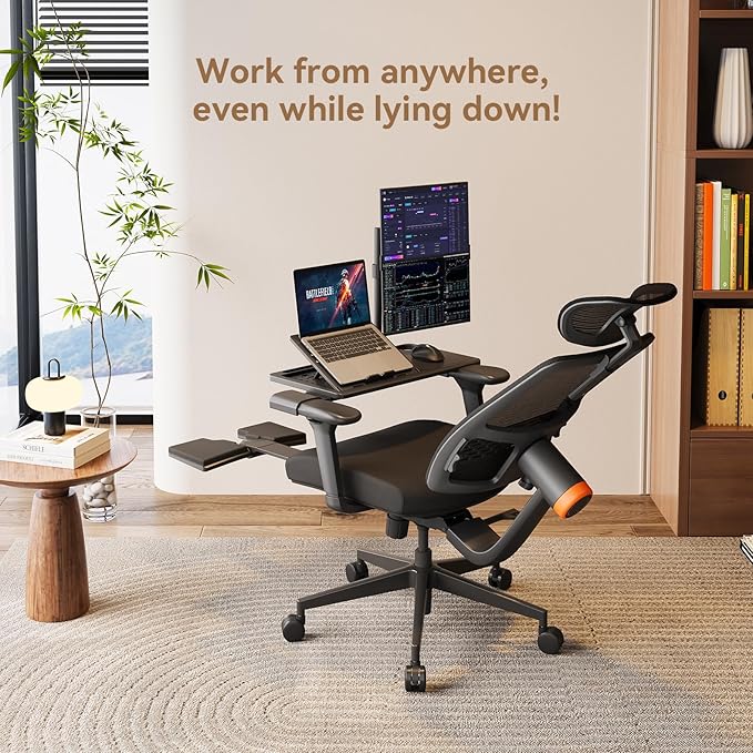Newtral Office Chair Ergonomic with Footrest, Auto-Following Lumbar Support, High Back Desk Chair with 4D Armrest,136° Tilt Lock, Adjustable Seat Depth & Height (Upgrade with Laptop Tray, Black)