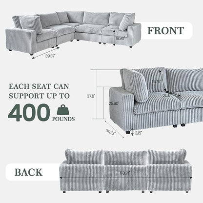 Modular Sectional Sofa, Convertible L Shaped Sectional Couches for Living Room,Deep Seat Cloud Couch,5 Seat Comfy Modular Sofa with Ottoman, Removable Covers,Gray