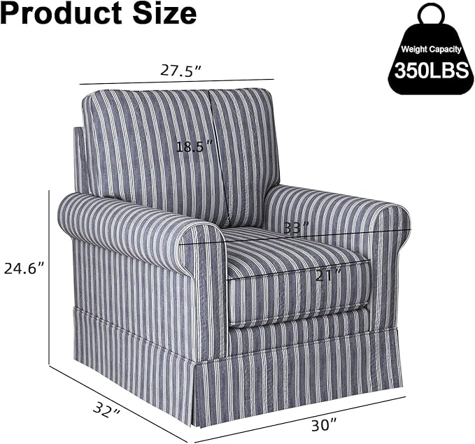INZOY Swivel Accent Chair Linen Mid Century Modern Chair, Comfy Swivel Barrel Reading Chair, Upholstered Square Chair for Living Room Bedroom Small Spaces, Fully Assembled, Blue Stripe