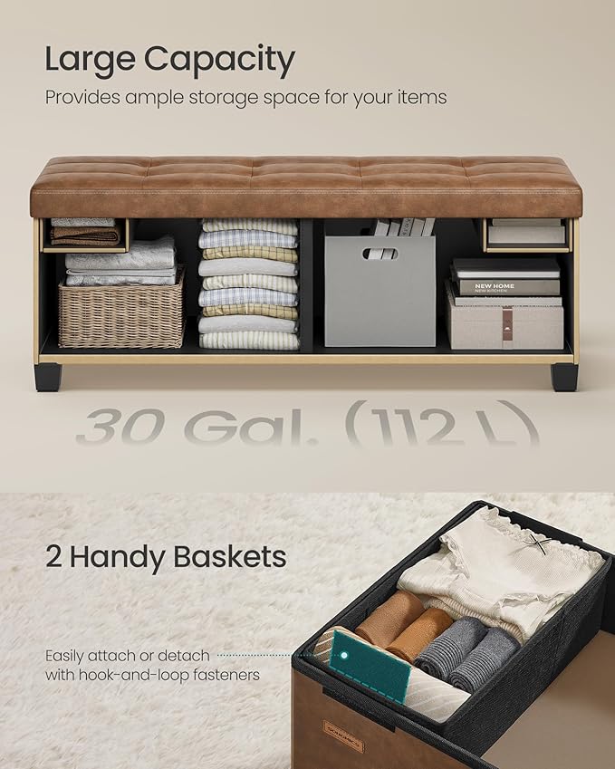 SONGMICS Storage Ottoman, Storage Bench with Legs,15 x 43 x 15.7 Inches, Ottoman Bench, 30 Gal. (112 L), Synthetic Leather, for Living Room, Entryway, Coffee Brown ULSF0514K03