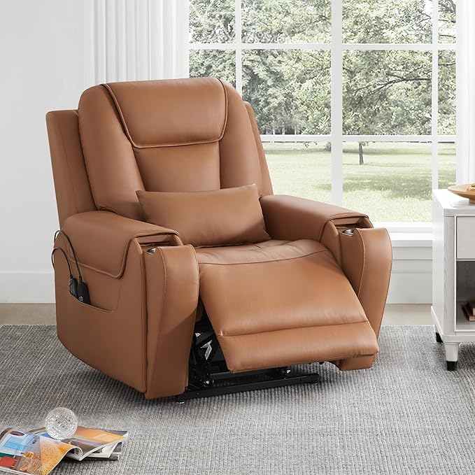 CHITA Electric Power Lift Recliner Chair for Elderly with Massage and Heat, Large Lay Flat Genuine Leather Recliner Chair with Cup Holders, USB Ports, Power Headrest, Independent Backrest, Saddle