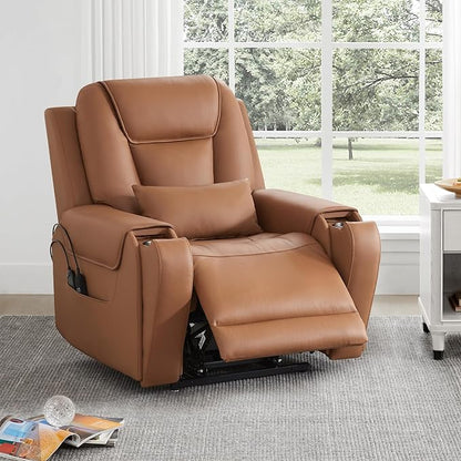 CHITA Electric Power Lift Recliner Chair for Elderly with Massage and Heat, Large Lay Flat Genuine Leather Recliner Chair with Cup Holders, USB Ports, Power Headrest, Independent Backrest, Saddle