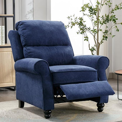 Push Back Recliner Chair, Fabric Armchair Overstuffed Pushback Recliner, Heavy Duty Single Sofa Chair with Padded Seat Solid Wood Legs for Living Room (Blue)